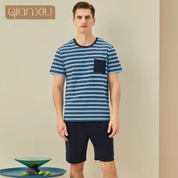 Summer New Men's Cotton Short Sleeve Shorts Round Collar Striped Pyjama Suit Fashionable And Comfortable Home Clothes