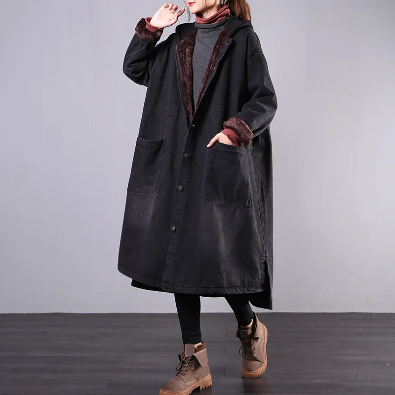 

Qi Juan Draw Winter New Style Korean-style Loose And Plus-sized Literature And Art Retro plus Velvet Warm Long Cowboy Cotton-pad