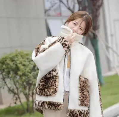 milk white leopard Осенне-зимняя куртка модная Лоскутная Новая Женская Корейская Свободная куртка с рукавами «летучая мышь» из овечьей шерсти f1785 - Цвет: milk white leopard