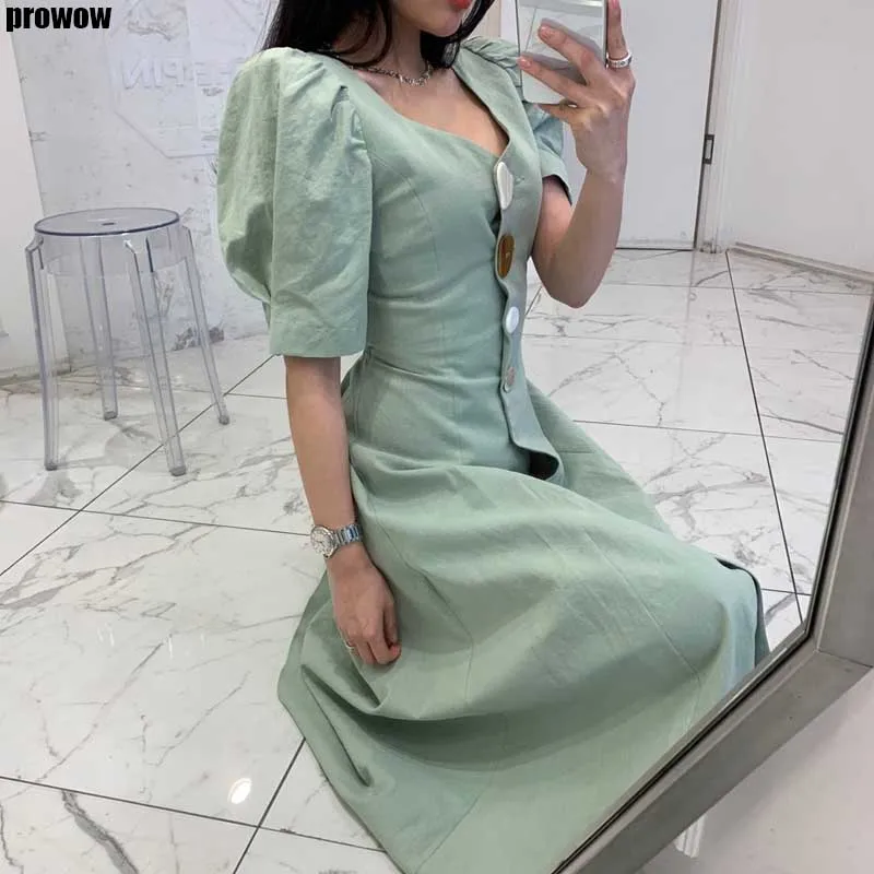 2020 Summer New Women Backless Lace Up Button Dress Vintage Korean Chic Puff Sleeve Long Dress Ladies High Waist Slim Dresses