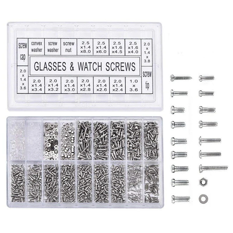 

1000Pcs Stainless Steel Eyeglasses Watch Repair Screw Replacement Kit Set Tiny Screws Nut Assortment Repair Tool Kit Set