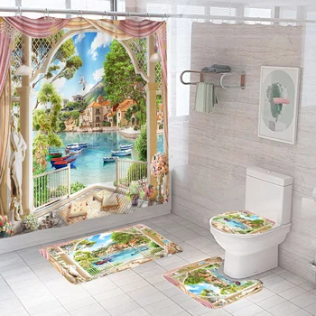 

4pcs Rugs Natural Landscape Shower Curtain Set Polyester Scenery Bathroom Decor Modern Washable Home Floor Mat Non Slip Hotel