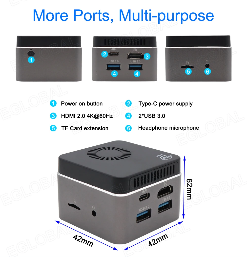 Eglobal Palm Computer with Intel Celeron N4100 Quad-Core, 8GB LPDDR4, 128GB SSD, 2.4G/5G WiFi, BT4.2, Mini PC - Windows 10 Pro Description Image.