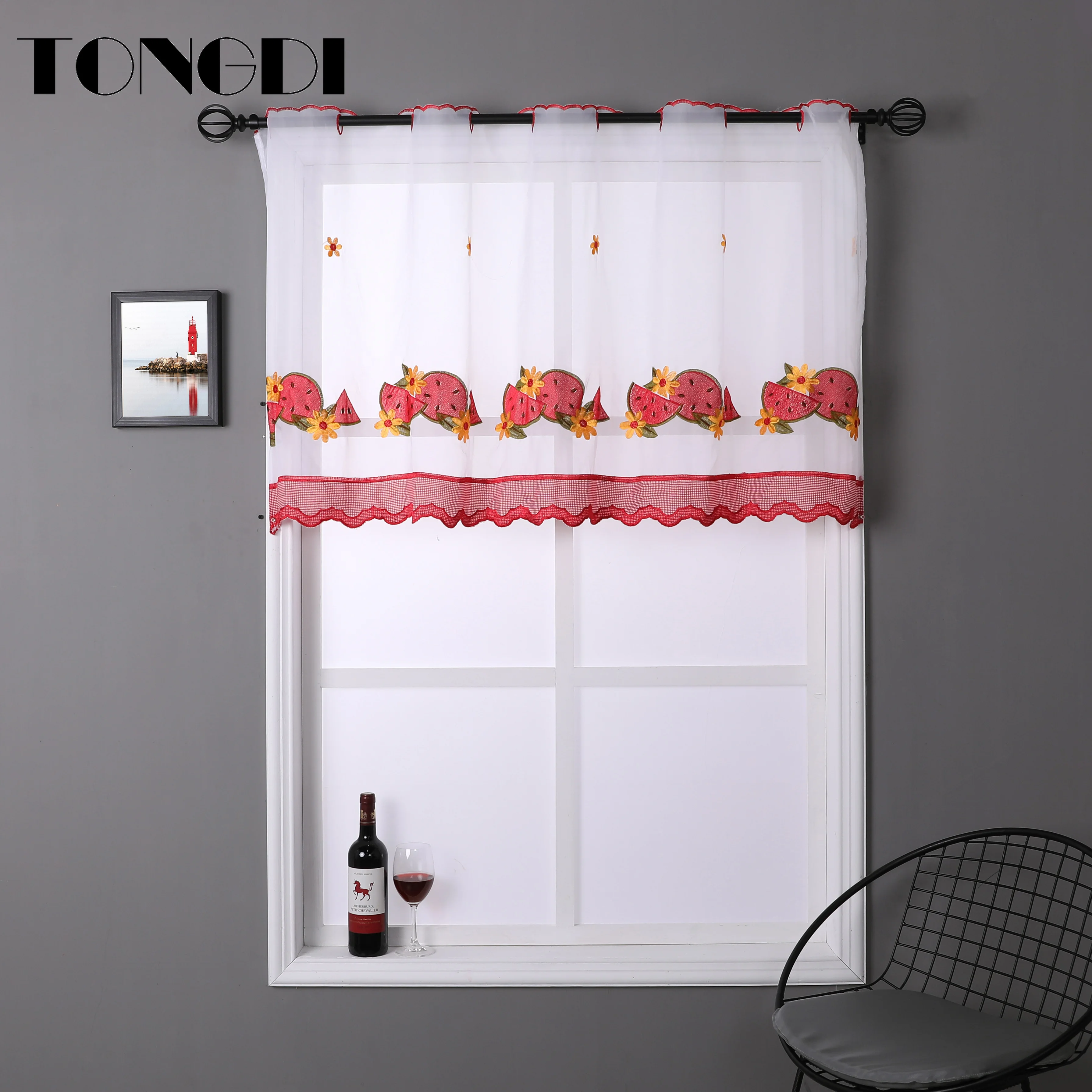 

TONGDI Kitchen Curtain Beautiful Embroidery Valance Sheer Tiers Pastorall Fruit Cafe Tulle For Window Of Kitchen Dining Room