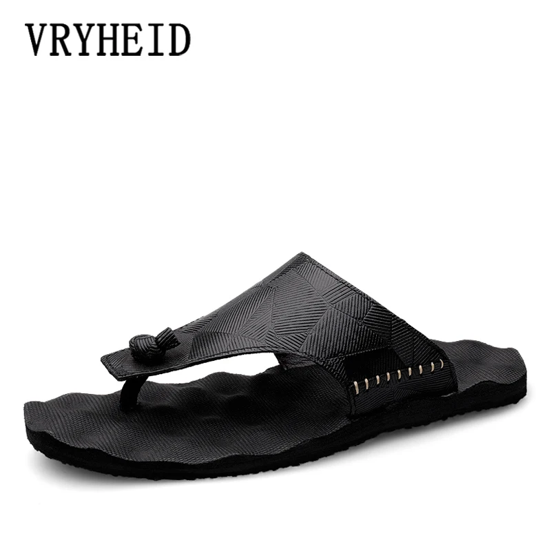 

VRYHEID 2020 Summer Men Slippers Comfortable Lightweight Genuine Leather Flip Flops for Man Casual Beach Shoes Large Size 38-47