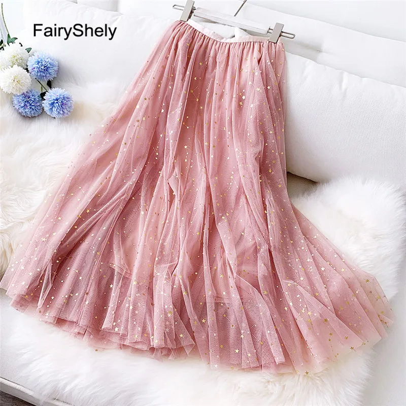 FairyShely осень зима розовый тюль юбки женские сетки плиссированные длинные юбки для дам эластичная высокая талия Павлин юбка миди