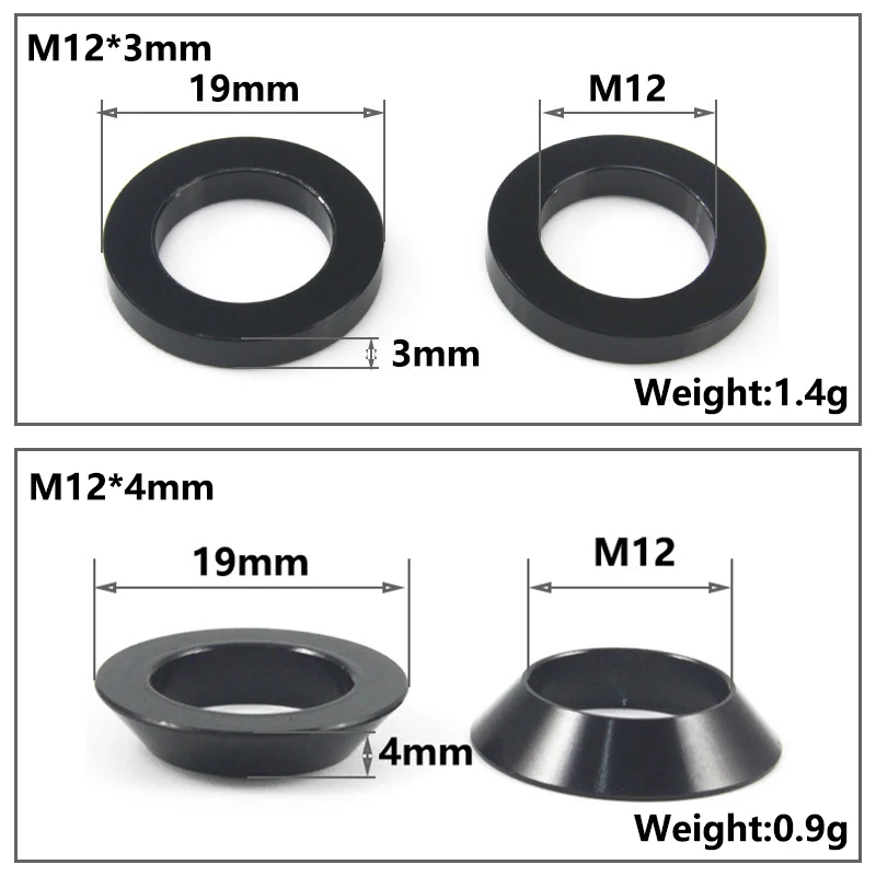 Arandelas de eje pasante de bicicleta, bujes de arandelas de eje de tubo, brochetas de eje plano/cónico, M12, M12, 2mm/3mm/4mm