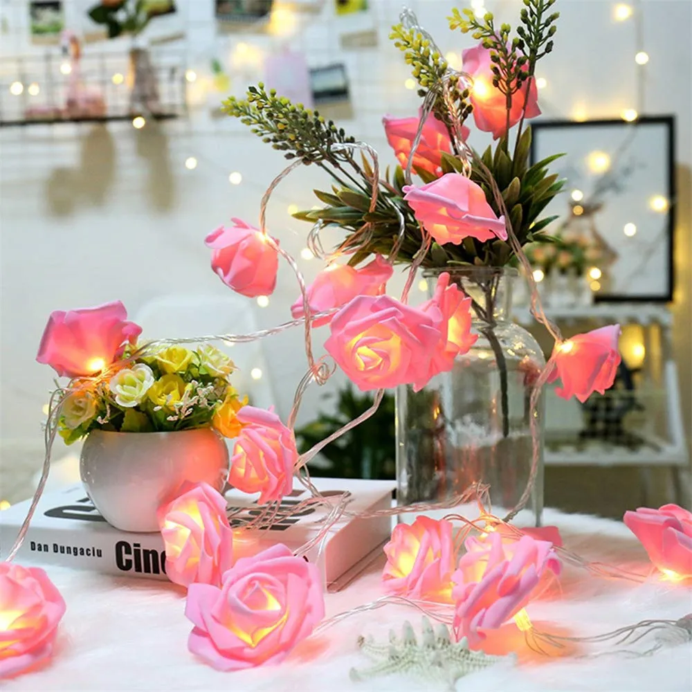 thumbnail image 1 of Cadena de luces con forma de rosa de hadas de 1,5 m/3 m/6 m con alimentación por batería o USB, para decoración navideña, para San Valentín, bodas y fiestas, 1 of 5