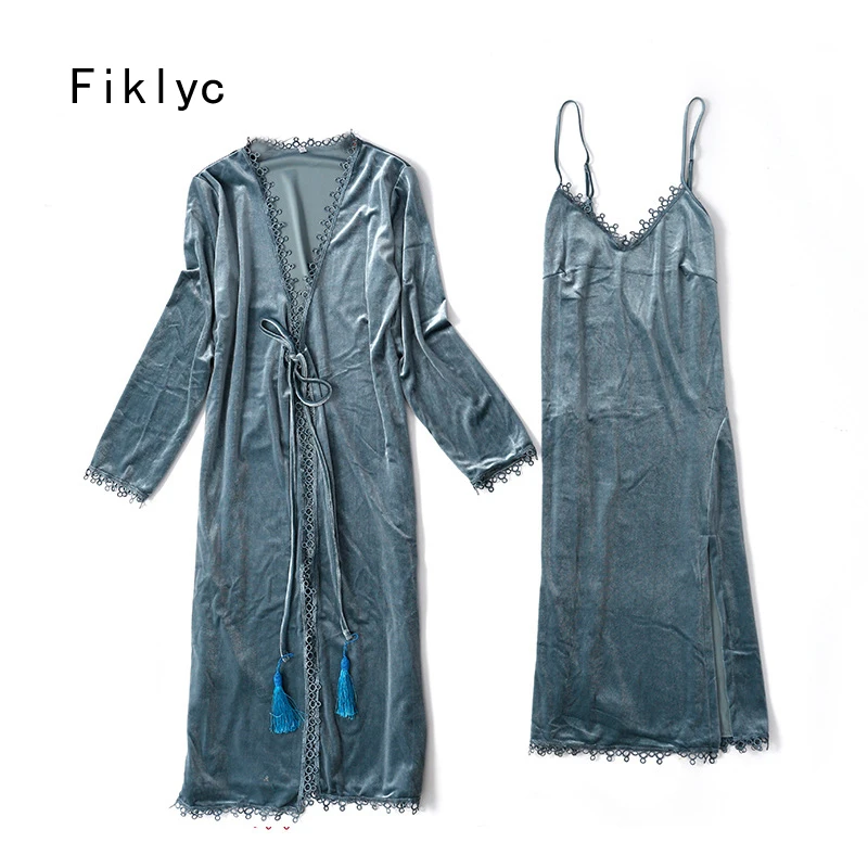 

Fiklyc underwear women's winter velvet sexy long style robe & gown sets V-neck backless ladies pyjamas sets NEW design
