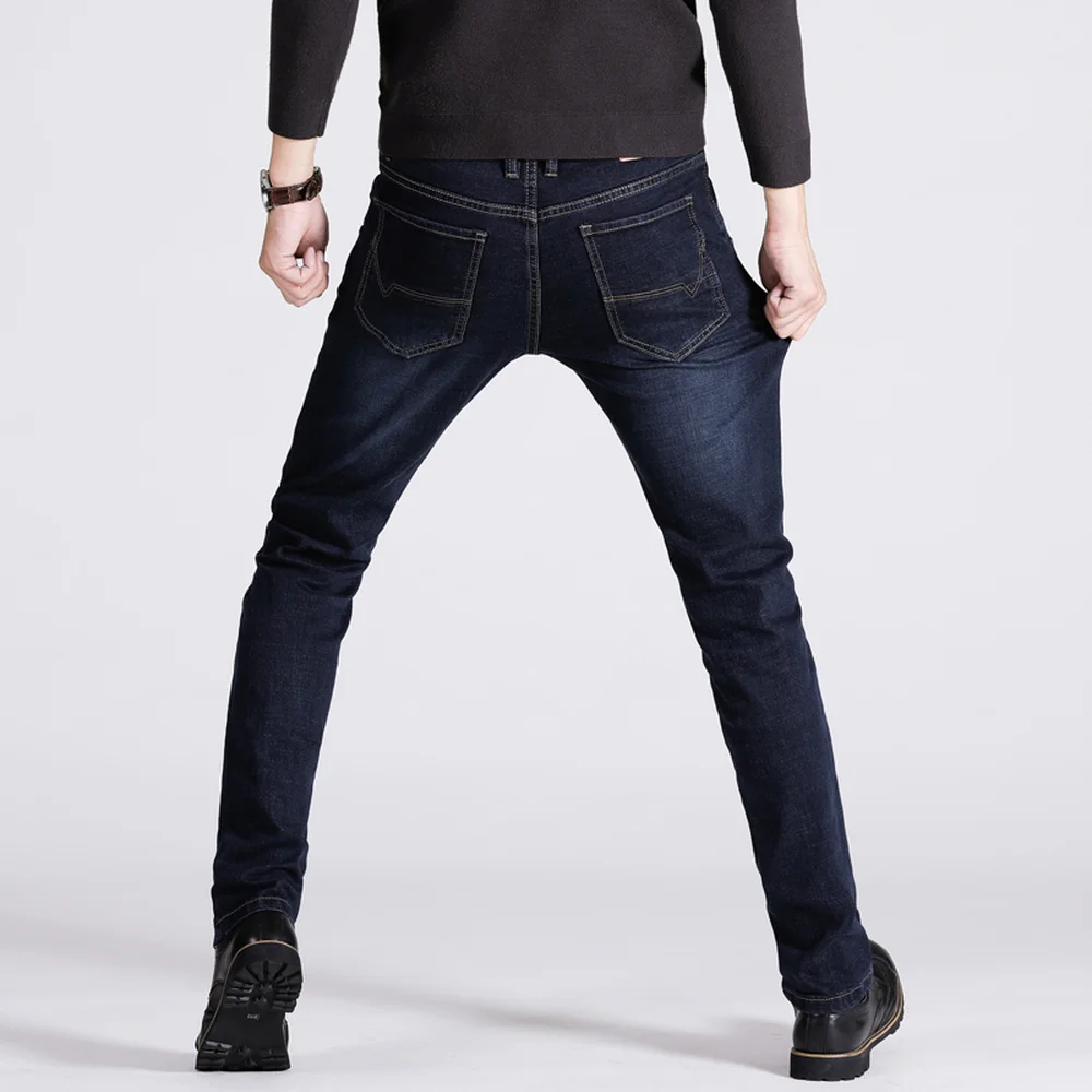 Мужские классические Стрейчевые черные синие обтягивающие джинсы, Осенние повседневные Прямые джинсовые штаны для мужчин, большой размер 38 40, уличная мужская одежда