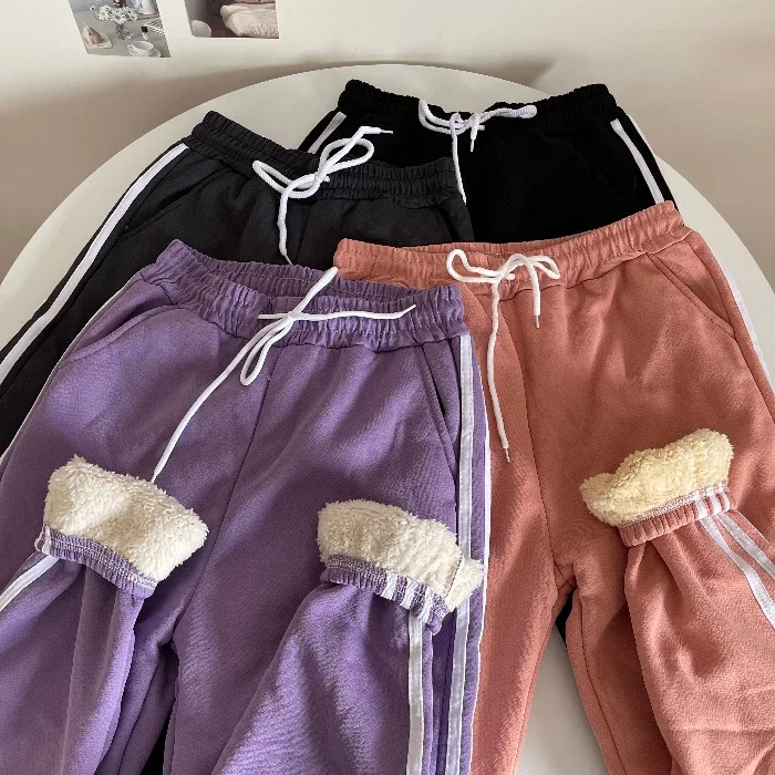 

trousers female winter 2021 new and wool warm outside loose-fitting beam foot thickening imitation lambs wool pants