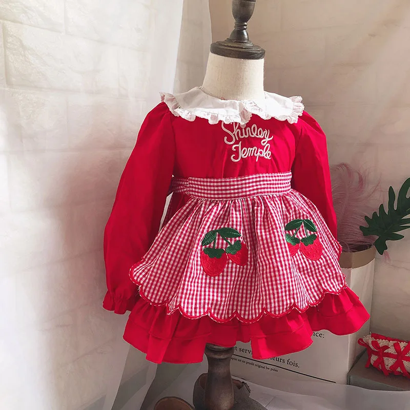 Японское осеннее платье в клетку из двух предметов с клубникой для девочек; простое модное платье подружки невесты; рождественское платье с красным отворотом для малышей