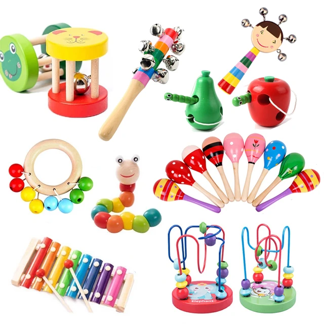 Juguetes Montessori de madera para bebé, sonajeros de maraca de arena,  bloques de madera, rompecabezas, desarrollo
