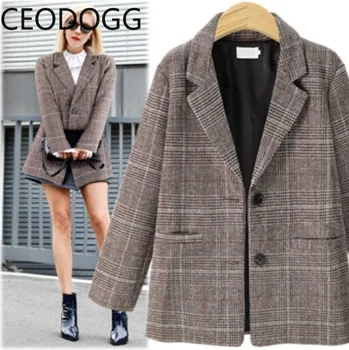 

Ceodogg Retro Plaid Patch Causal Blazer Women Turn Down Collar Long Sleeve Single Breast Casaco Slim Fit Pocket Coat Female