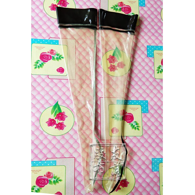 Bas en latex Transparent avec garnitures noires, bas en latex pour