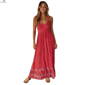 

2020 New Spring Summer Dress V-neck Strap Empire Floral Dress Print Casual Fashion Bohemian Dress Loose Floor Length Maxi Dress