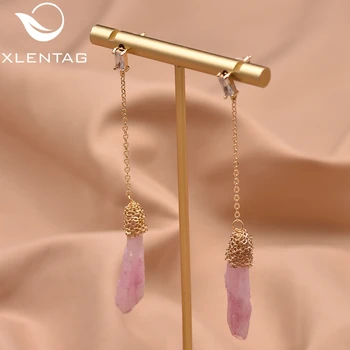 

XlentAg Irregular Warter Drop Pink Crystal Rough Long Drop Earrings For Women Dangle Earrings Luxury Jewelry GE0791B
