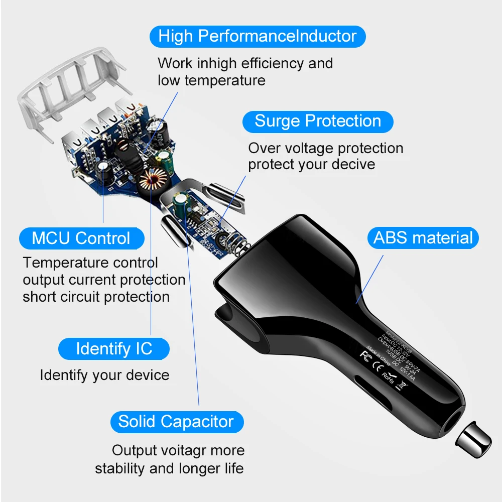 Быстрое зарядное устройство Faichoy QC3.0 с 4 USB портами Автомобильное для быстрой
