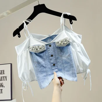 

Tops Industry Beaded Diamond Off-Shoulder Lace-up Lantern Sleeves Contrasting Color Short Denim Shirt Women's Fashion Top Blouse