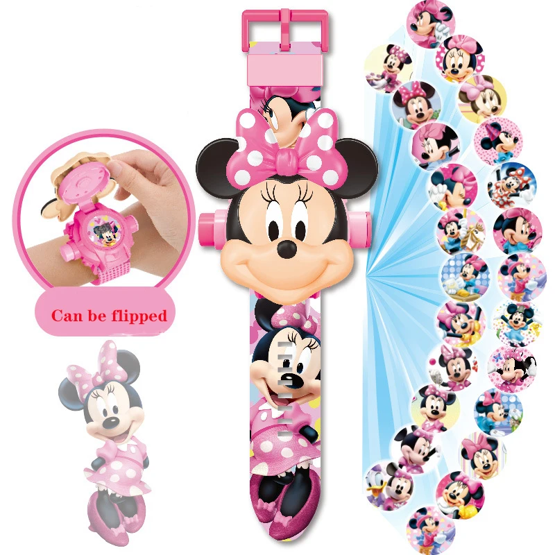 Disney-reloj electrónico de proyección 3D de dibujos animados para niños, con tapa de concha de almeja 24 imágenes, juguetes de Anime, regalo creativo para niños