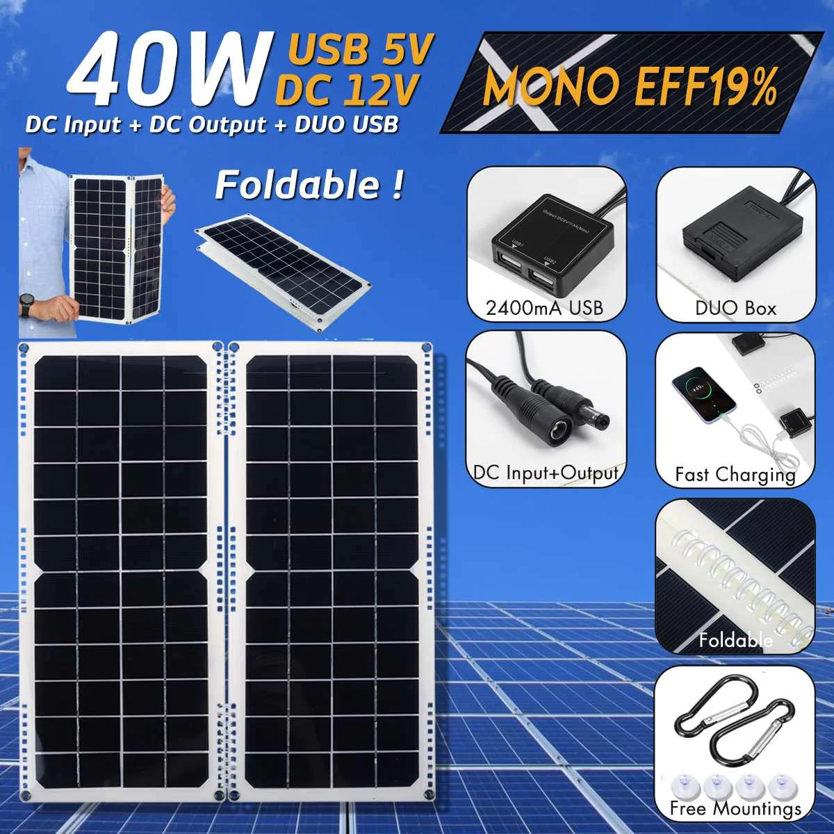 

LEORY 14V 40W 2Pcs Waterproof Solar Panel USB Monocrystalline Solar Cell with Car Charger for Outdoor Camping Emergency Light
