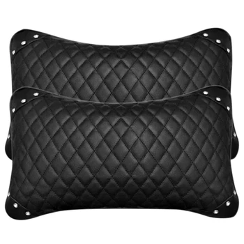 

2PCS Leather Car Seat Pillow Breathable Car Head Neck Rest Cushion Headrest Auto Car Safety Pillow - Black