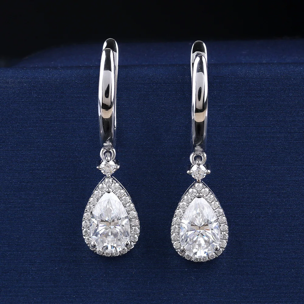 Серьги из моисанита и груши 2 карат + карата моисанит с эффектом пуш ап 14 к белое