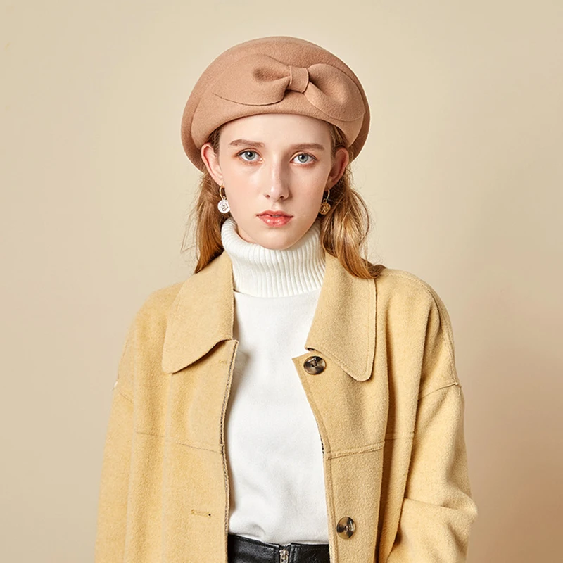 

New style autumn winter high grade woolen elegance female solid color bowknot banquet party fedoras ease match soft beret cap