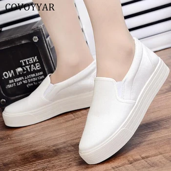 

COVOYYAR 2019 Flat Canvas Shoes Women Loafers Spring Autumn Casual White/Black Shoes Platform Slip On Women Sneakers WSN194