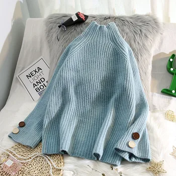 

button flare sleeved knitted women sweaters turtleneck solid loose lady elegant pulls outwear coat tops