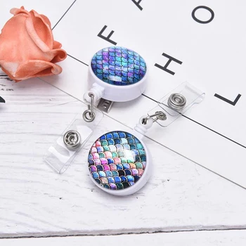 

Design Retractable Nurse Badge Reel Clip High Quality Mermaid Scales Pattern IC Identification Card Plate Holder