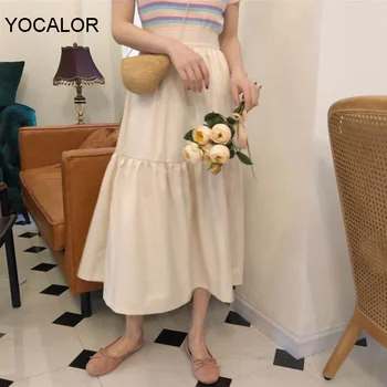 

yocalor 2020 Women's Skirts Summer Casual Vintage High Elastic Waist Buttons A-Line Pleated Fashionable Long Skirts