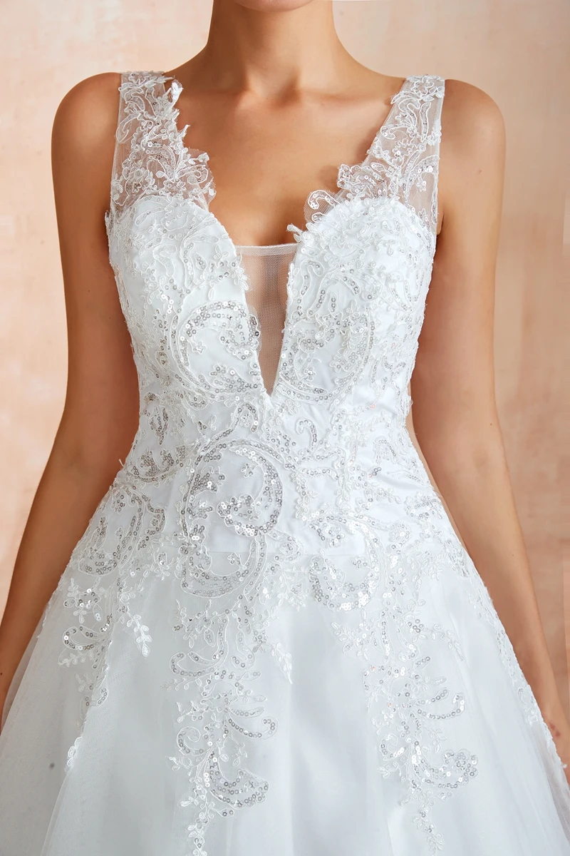 Ball Gown V Neck Wedding Dresses 2019 New Elegant White Sleeveless Appliques Lace Sequins Princess Bridal Gowns vestido de noiva