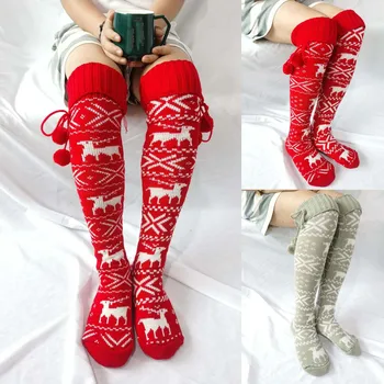 

Women Christmas Over The Knee Stocking Women Fashion Ladies Cotton Elk Printing Hairball Middle Tube Socks For Christmas Gifts