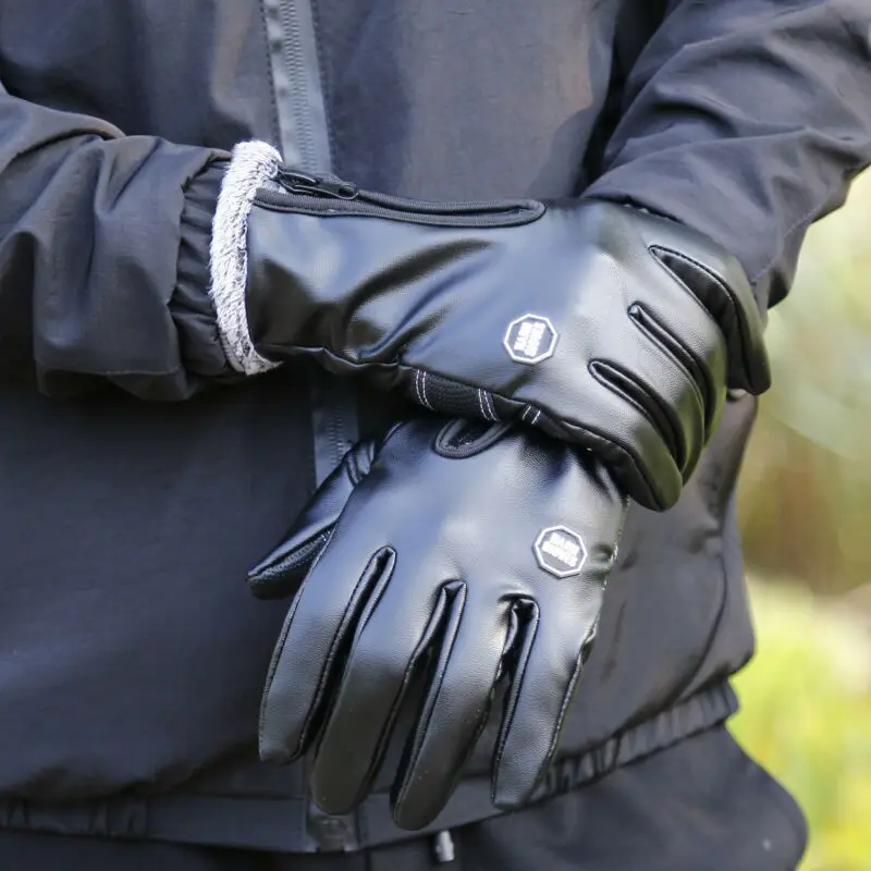 Модные кожаные перчатки на молнии с сенсорным экраном, зимние теплые флисовые перчатки с подкладкой из овчины, однотонные черные крутые перчатки