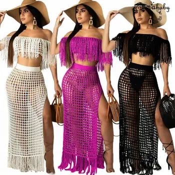 

Women Casual Boat Neck Hollow Out Tassels Perspective High Slit Beach Dress 2pcs