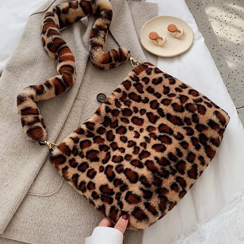 Зимние женские меховые сумки для женщин Сумочка с принтом леопарда дамские клатчи плюшевые сумки через плечо большая сумка Bolsa Feminina