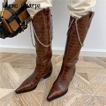 

Chunky Heel Emboss Leather Boots Metal Chains Long Boots Pointed Toe Western Boots Female Cowboy Botas Stylish Motorcycle Shoes