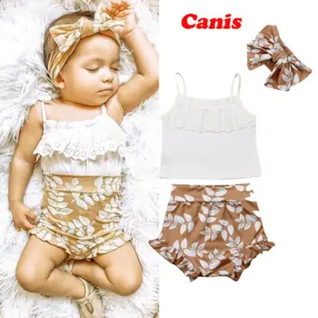 

Summer 3PCS set for Newborn Baby Girl White Lace Vest crop Tops Floral Leaf Short Pants Headband Outfits set 0-24M