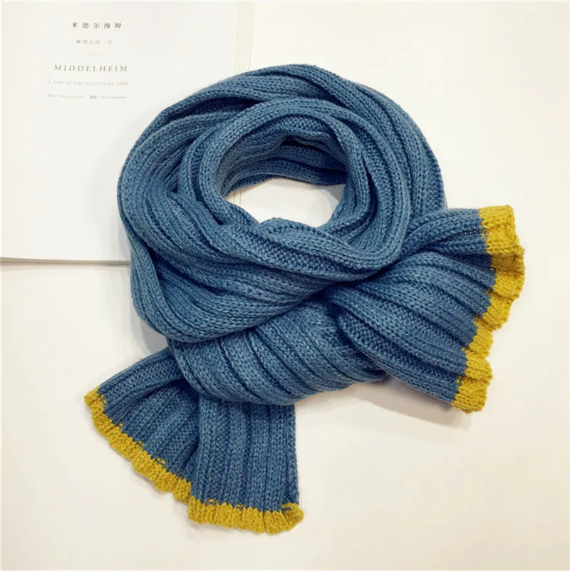 blue Зимний шарф для детей, шарф, шаль, однотонные шарфы-Снуды для мальчиков и девочек, вязаный шерстяной шарф с воротником, модная детская одежда - Цвет: blue