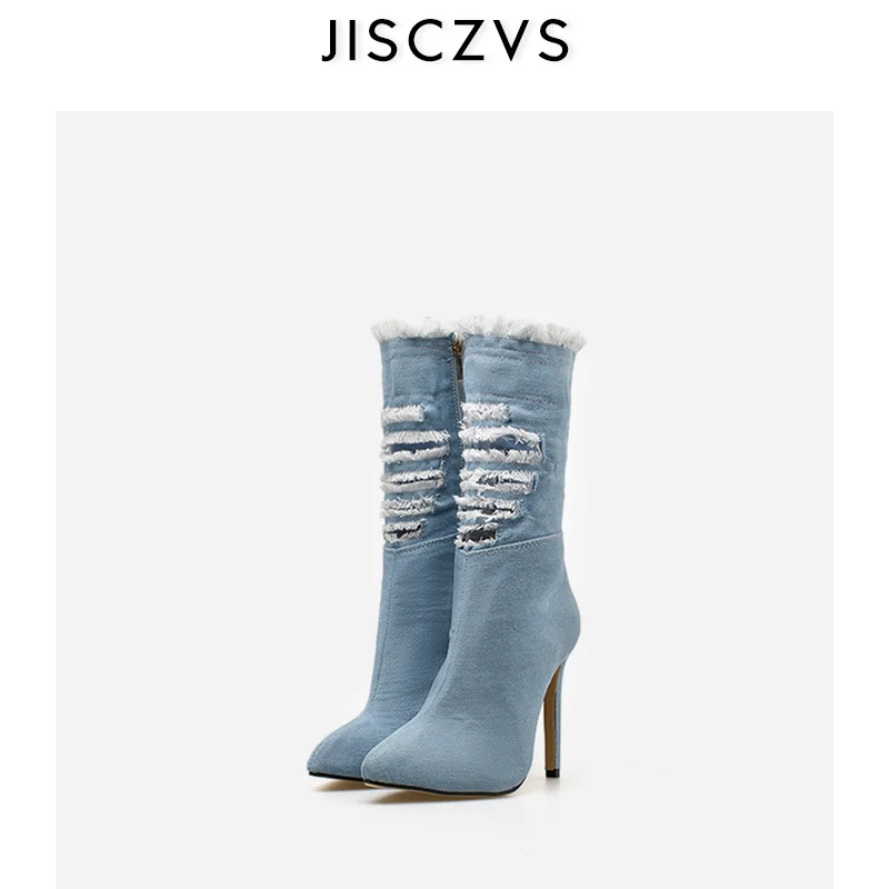 

2019 NEW Blue Shoes Denim Thin High Heel Boots Party Pumps Sexy Pointed Toe High Heels Sexy Ankle Jean Boots Women Winter Pumps