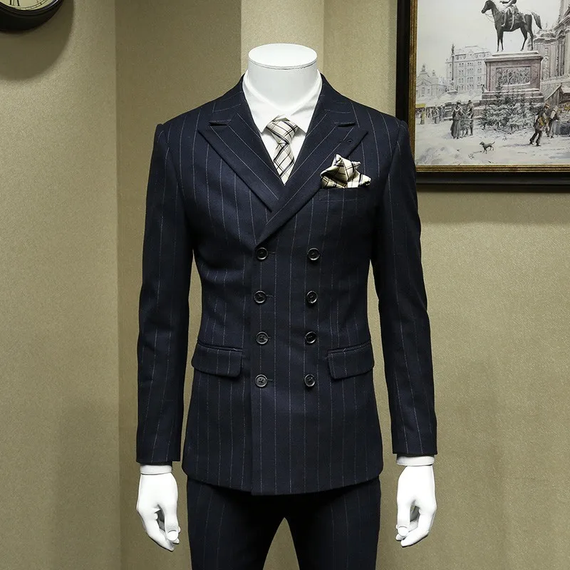 

Formal Business Man Office Work 3pcs Dress Suit Groom Striped Slim Fit Double Breasted Wedding Suits High Quality Costume Homme