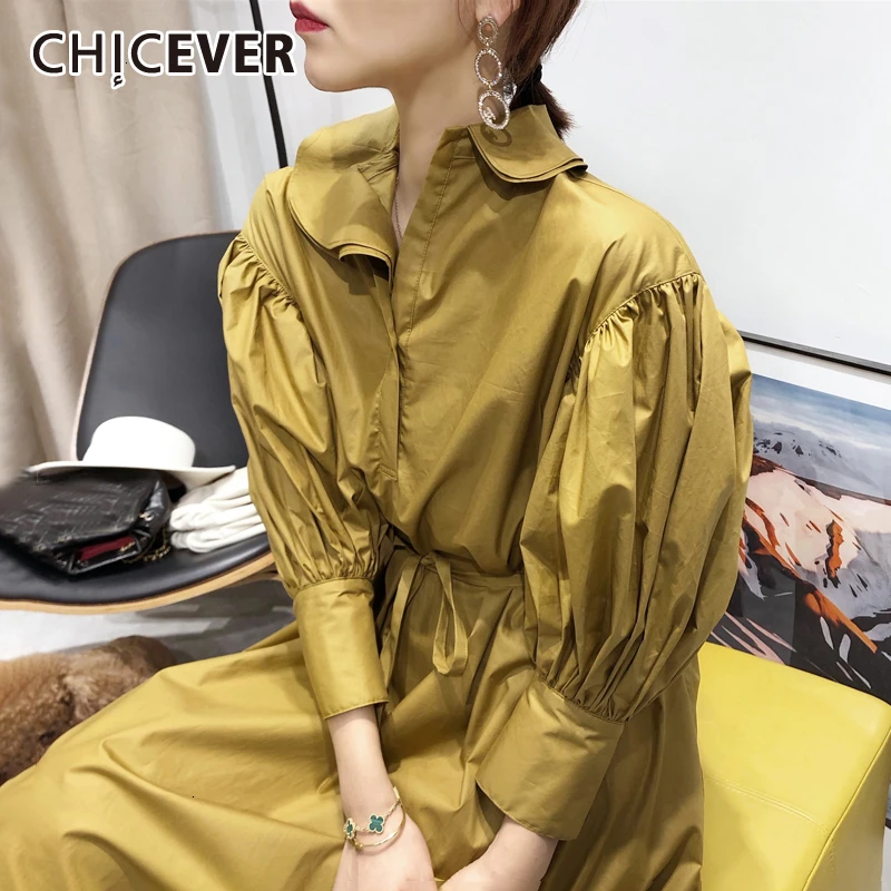 

CHICEVER Korean Lace Up Ruched Dresses Female Peter Pan Collar Lantern Sleeve High Waist Oversize Loose Women's Dress 2019 New