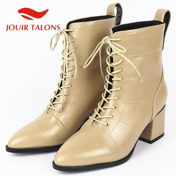 

JOUIR TALONS Hot Sale Big Size 43 women shoes Casual Poined Toe Cross-tied Square Thick Heels Solid Autumn Ankle Female Boots