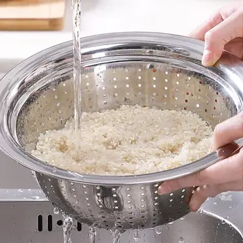 

Stainless Steel Holes Washing Cleaning Rice Sieve Strainer Fruits Vegetable Drain Bowl Strainer Multipurpose Kitchen Supplies