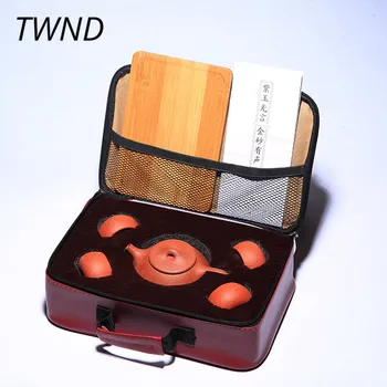 

5 pieces Yixing purple clay teapot tea cup tray sets Chinese kung fu shi piao pots with leather travel bag