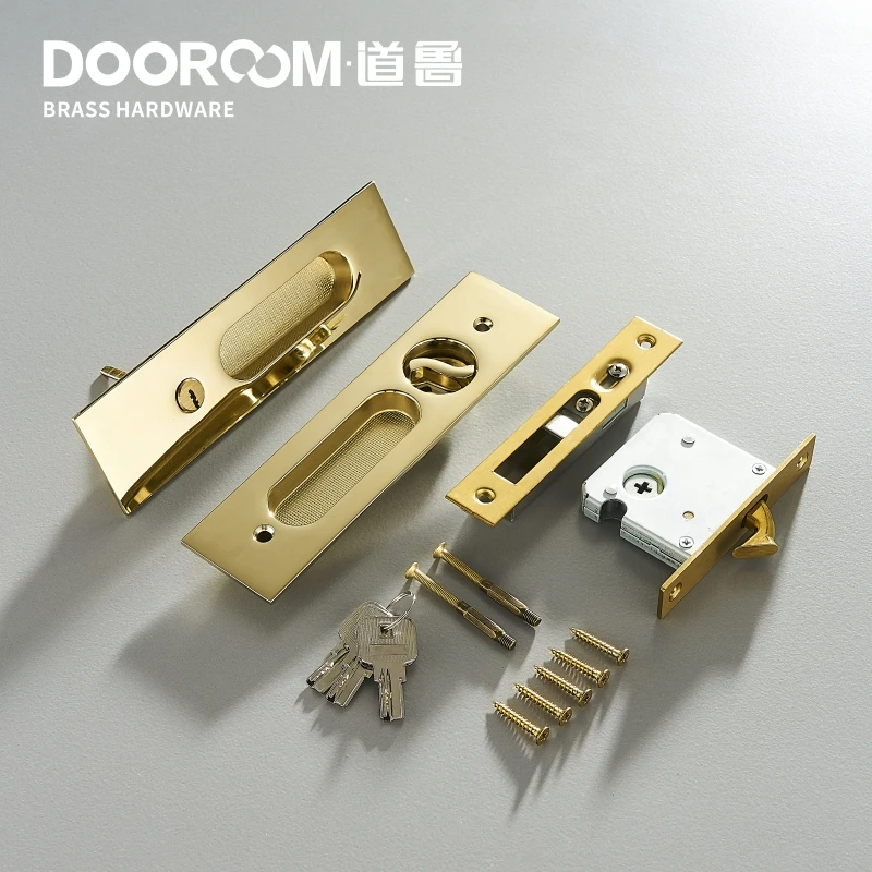 Dooroom Brass Sliding Door Lock Set Handles Gold PVD Modern American Push Pull Interior Living Room Bathroom Balcony Kitchen