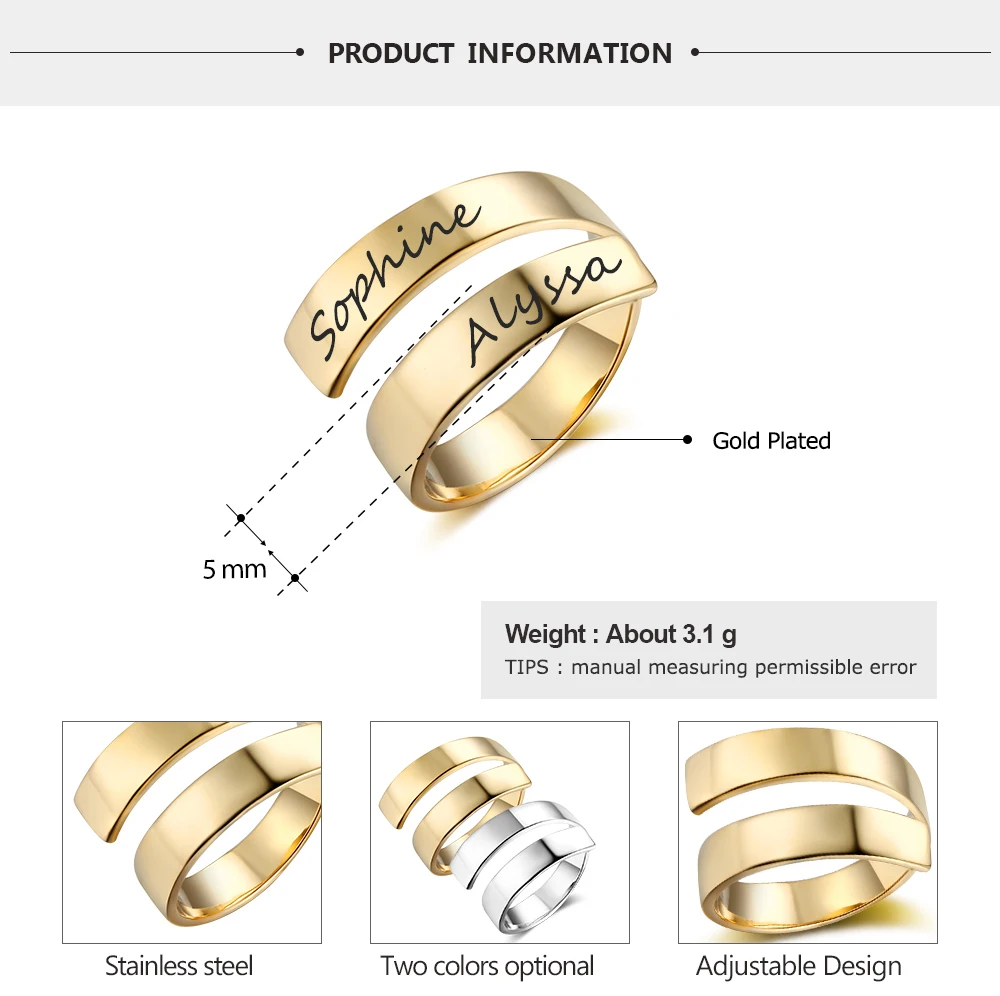 Fashion Personalized Ring Classic Stainless Steel Adjustable Jewelry Custom 2 Names Engraved Simple Promise Ring Gift for Women