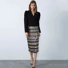 Модная новая юбка ZA с блестками и высокой талией, Женская юбка с эластичной резинкой на талии и разрезом сзади на боковой молнии, шикарная Очаровательная юбка