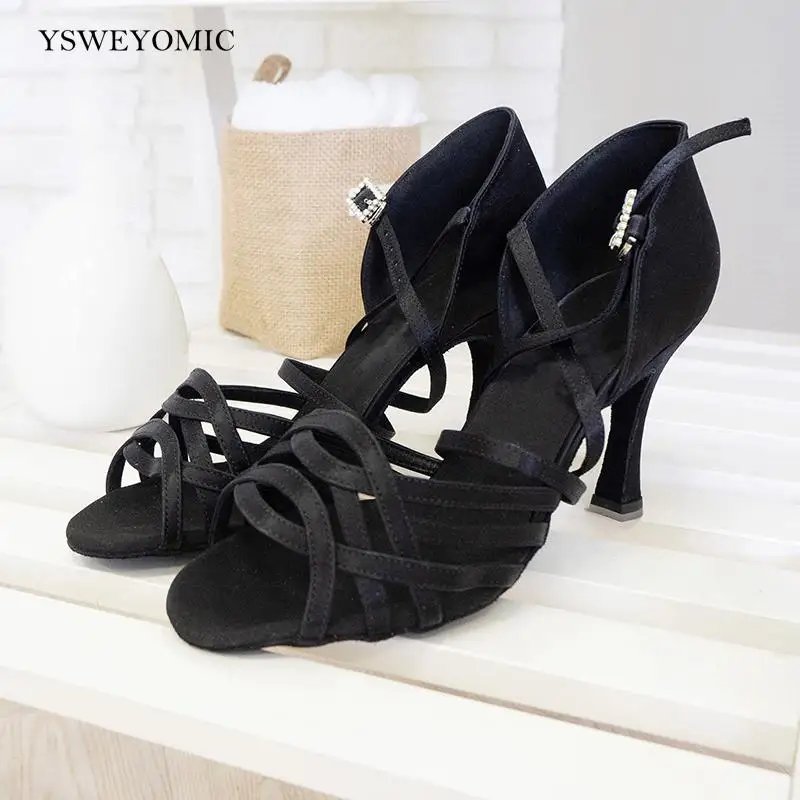2021 Spring Summer Style Black Satin Classic Latin Dance Shoes Customized Heel 10cm 9cm 8cm 7cm Latin Salsa Shoes for Dancing